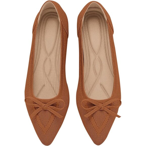 Shoes - Women's Brown Pointed Toe Bow Knit Ballet Comfortable Dressy Mesh Slip On Flat